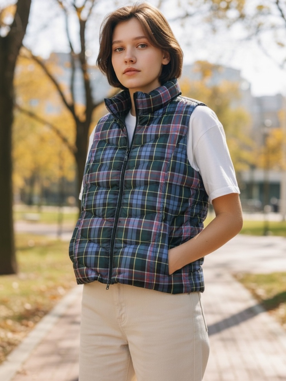 Lands' End Down Insulated Plaid Puffer Vest
